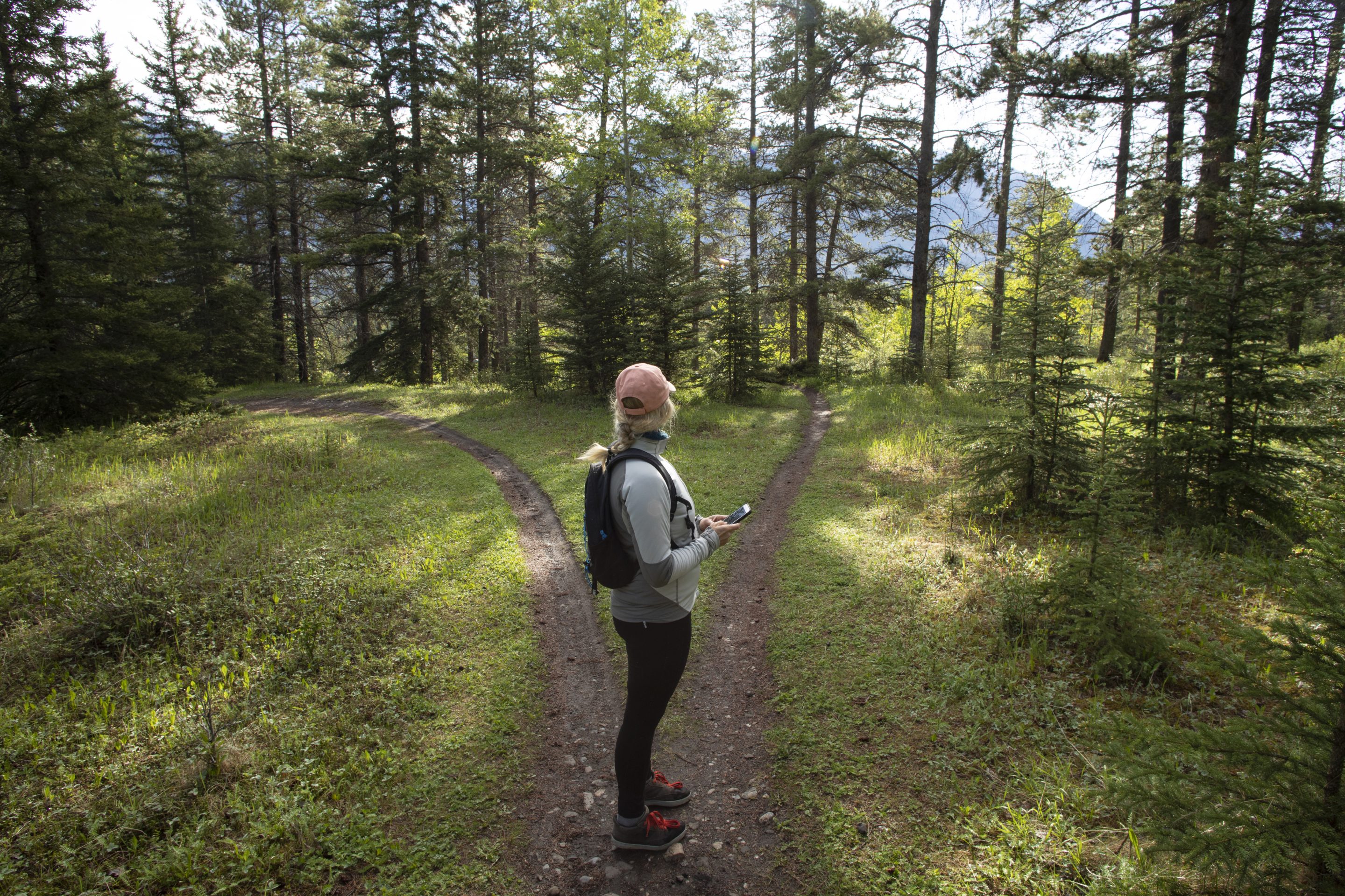 Woman at a fork on a wooded trail in a forest